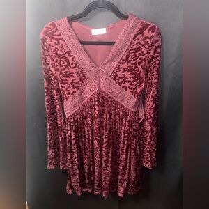 Altar'd State Wine Velvet Burnout Long Sleeve Dress